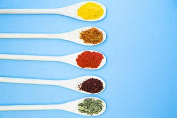 Cooking Hot Spicy Food Concept. Dry spices and herbs in wooden spoons, light blue background