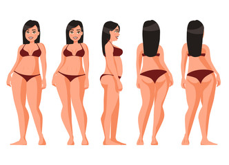 Vector illustration of women in underwear on the white background.Vector cartoon realistic people illustration. Flat young woman. Front view girl, Side view, Back side view , Isometric view. Fat girl