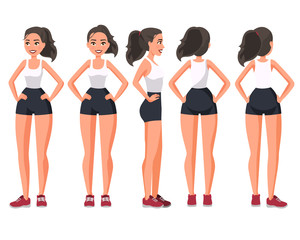 Obraz premium Vector illustration of sportive woman in sportswear with hands on hips .Cartoon realistic people illustration. Flat young woman. Front view girl, Side view ,Back side view , Isometric view. Training