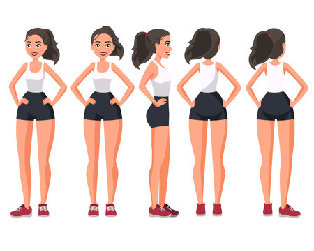 Vector Illustration Of  Sportive Woman In Sportswear With Hands On Hips .Cartoon Realistic People Illustration. Flat Young Woman. Front View Girl, Side View ,Back Side View , Isometric View. Training