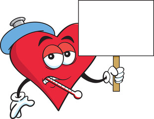 Cartoon illustration of a sick heart with a thermometer and holding a sign.