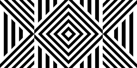 Seamless pattern with striped black white straight lines and diagonal inclined lines (zigzag, chevron). Optical illusion effect, op art. Vector vibrant decorative background, texture.