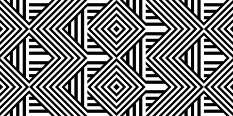 Seamless pattern with striped black white straight lines and diagonal inclined lines (zigzag, chevron). Optical illusion effect, op art. Background for cloth, fabric, textile, tartan.