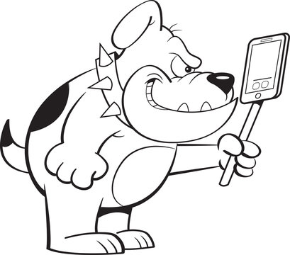 Black and white illustration of an angry bulldog holding a cell phone.