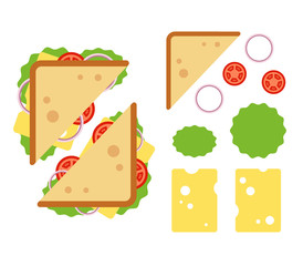 Sandwiche top view with tomato, onion, salad, cheese isolated on white background, snack for breakfast and lunch, flat vector illustration