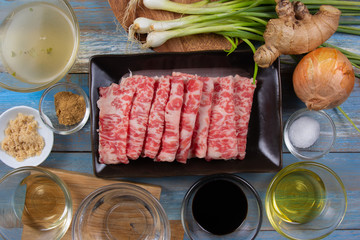 Ingredient of Gyudon made from thinly sliced beef, onion, soy sauce