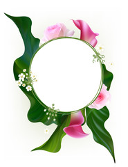 Flowers. Floral background. Callas. Green leaves. Flower pattern. Pink. Roses. Bouquet.