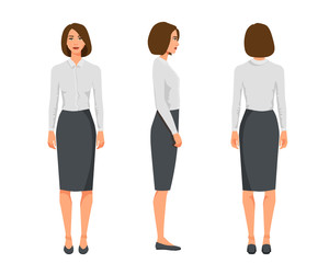 Fototapeta premium Vector illustration of three business woman with short hair in official clothes.Cartoon realistic people illustration.Flat young woman.Front view girl,Side view girl,Back side of girl