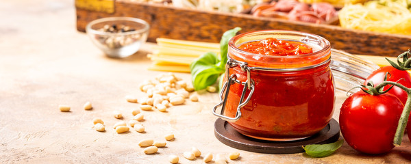 Food background with ingredients for italian healthy homemade classic spicy tomato pasta or pizza...