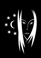 Stylized portrait of a woman on with a moon and stars. Symbolic pattern, vector graphics, logo.