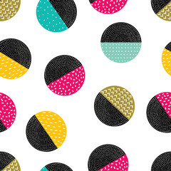Decorative abstract polka dots in the style of the 60s.
 Cheerful polka dot vector seamless pattern. Can be used in textile industry, paper, background, scrapbooking.