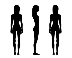 Vector illustration of three girl silhouettes on the white background.Vector cartoon realistic people illustration. Flat young woman. Front view girl, Side view girl, Back side view girl