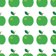 Seamless pattern with green apples. vector illustration. Fruit, leaf, on white background. For kitchen design, food packaging.