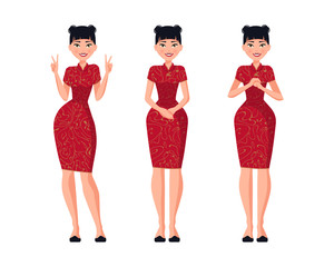 Set of a cinese woman in cheongsam in different poses with a variety of emotions. A character for your project. Vector illustration in a flat style.Beautiful Chinese Women in Traditional Chinese dress