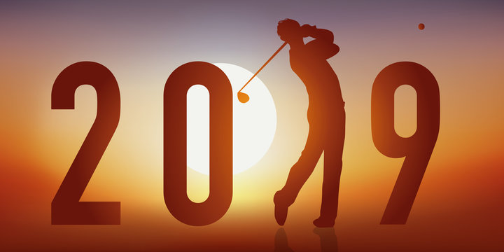Carte de vœux 2019 sur le thème du golf, avec un golfeur en pleine action, qui frappe la balle