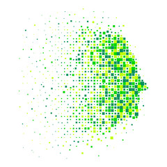 Abstract human face in a profile in green pixel mosaic. Concept of protection of the nature and world. Minimalist design for the logo or infographics. Vector illustration