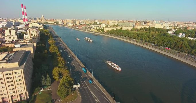 Moscow, Russia. Flight over Moscow - Moscow river and centre. Aerial flights. UltraHD 4K