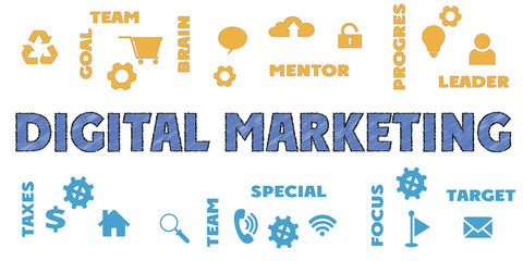 DIGITAL MARKETING Panoramic Banner with icons and tags, words. Hi tech concept. Modern style