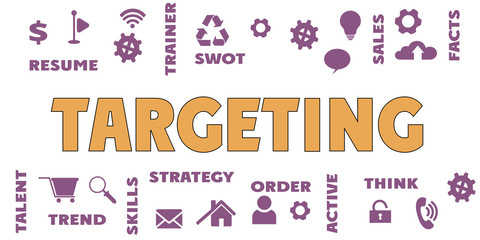 TARGETING Panoramic Banner with icons and tags, words. Hi tech concept. Modern style