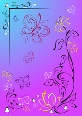 congratulation 4. decorative card with stylized flowers, butterflies and hearts on a lilac background