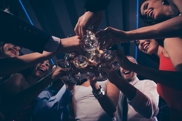 Low below angle view of attractive beautiful charming glamorous 