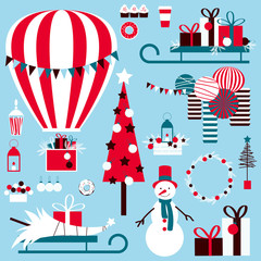  Christmas set with hot air balloon, gifts  and snowman.Vector illustration