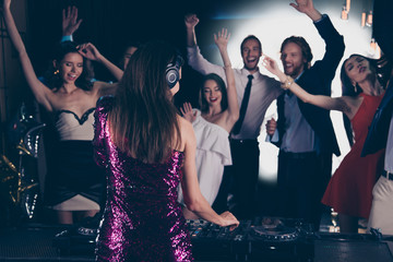 Rest, relax concept. Lady in headset, headphone, earphone stand 