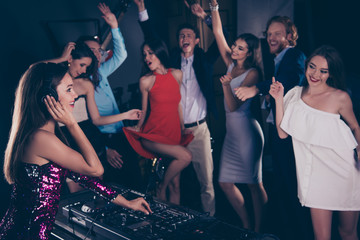 Rest, relax concert concept. Lady in fancy luxary dress hold han