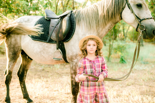 A nice little girl with light curly hair in a vintage plaid dress and a straw hat and a gray horse. Rural life in autumn. Horses and people
