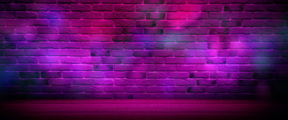 Background of an empty dark-black room. Empty brick walls, lights, smoke, glow, rays