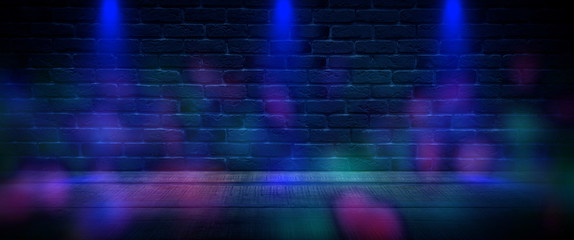 Background of an empty dark-black room. Empty brick walls, lights, smoke, glow, rays