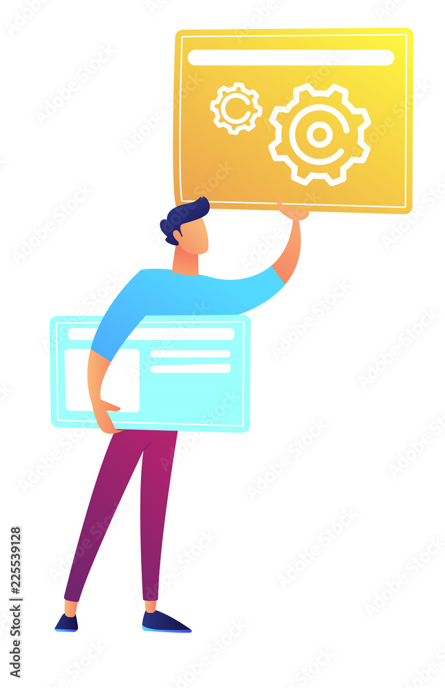 Aufkleber web designer holding web pages with gears and lines vector illustration. web development and designe