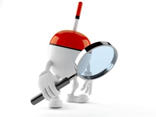 Fishing float character looking through magnifying glass