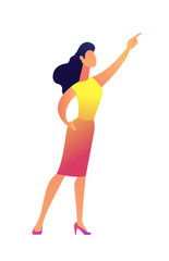 Female manager showing with finger vector illustration. Designer and business manager, project presentation and idea, conference and demonstration concept. Isolated on white background.