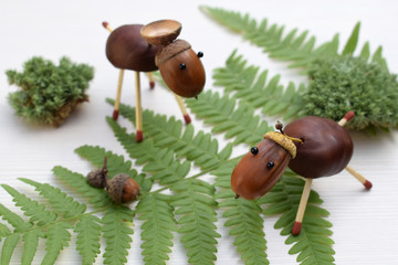 Animal figurines made of chestnuts and acorns