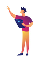 Manager with tablet pointing with finger vector illustration. Business meeting and project presentation, giving conference and lecture, e-learning and webinar concept. Isolated on white background.