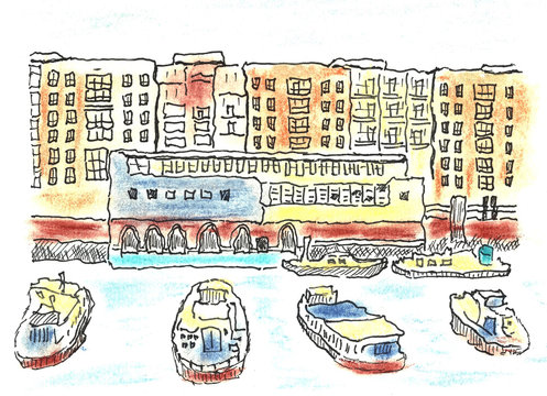 Pastel and liner Hamburg port sketch