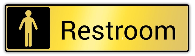 Panneau en anglais: Toilettes pour hommes et femmes, wc mixtes et unisexe - panneau pour salle de bain, toilettes et autres commodit&eacute;s texture en m&eacute;tal dor&eacute;