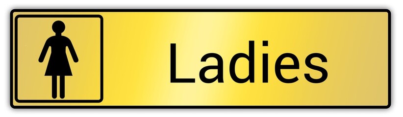 Panneau en anglais: Toilettes pour hommes et femmes, wc mixtes et unisexe - panneau pour salle de bain, toilettes et autres commodités texture en métal doré