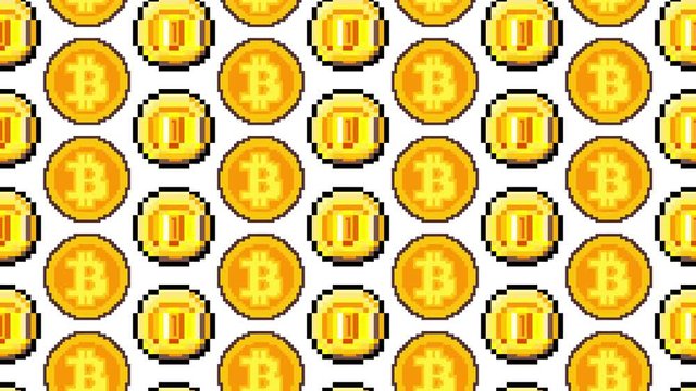 A vertical scrolling endless pattern: golden coins and bitcoins in pixel art style.
