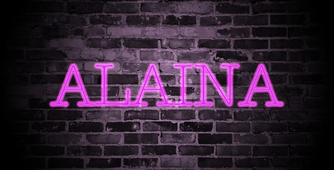 first name Alaina in pink neon on brick wall