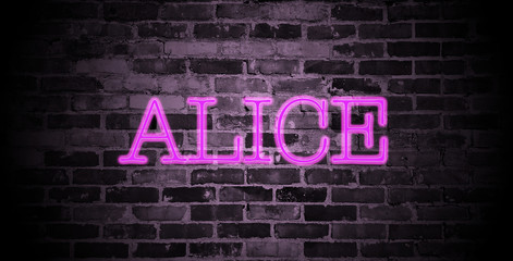 Fototapeta na wymiar first name Alice in pink neon on brick wall