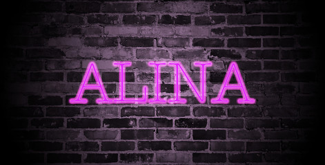 first name Alina in pink neon on brick wall