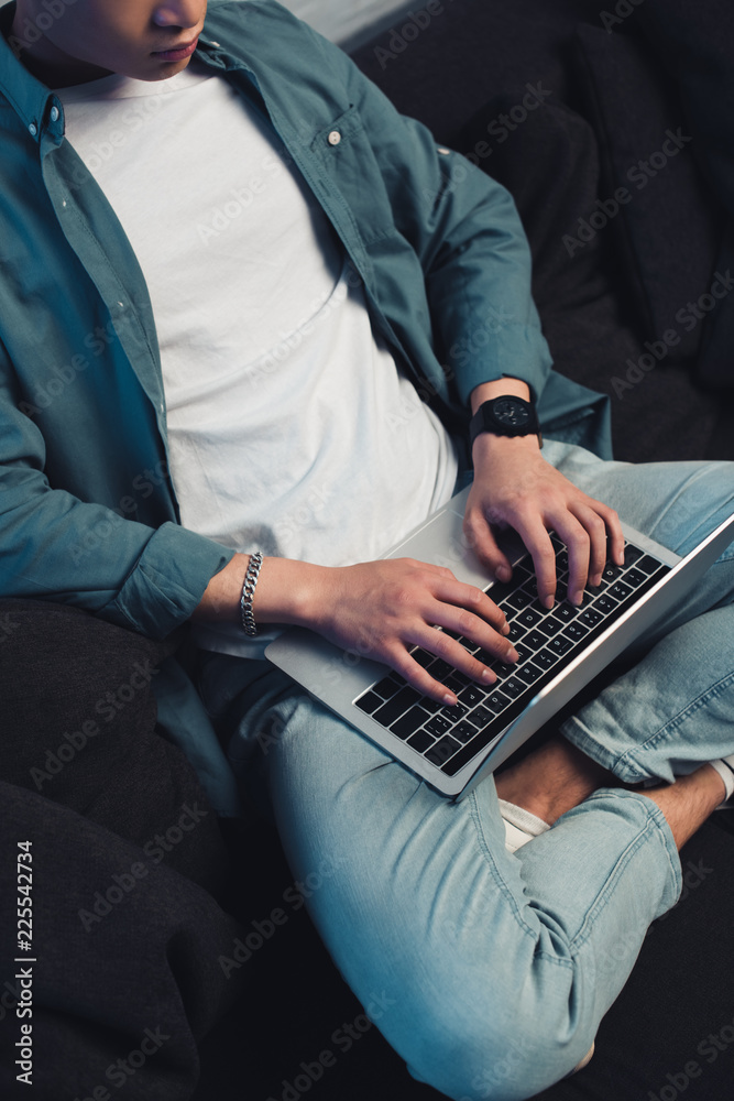 Wall mural cropped shot of young man sitting on couch and using laptop at home