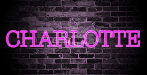 Fototapeta na wymiar first name Charlotte in pink neon on brick wall