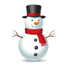 Snowman with hat and scarf isolated on white background. Vector illustration