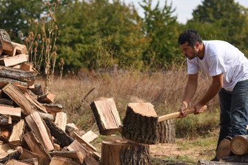 Lumberjack chopping wood for winter, Young man chopping woods with an axe