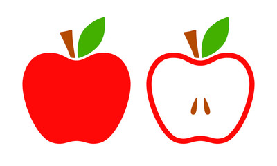 Red apple vector icon. Whole and half apples. Flat vector illustration.