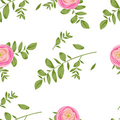 Natural vector seamless pattern with pink ranunculus and eucalyptus branches on white background. Can used for trendy wedding design, cards, paper and other