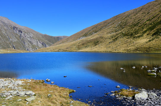 Russia, Arkhyz. Lake Chilik in sunny weather